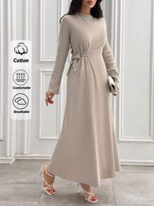 EURMUSE Rib Knit Crew Neck Long Sleeves Knot Detailed Dress Office Beige Autumn Modest Elegant - Grey - View 1