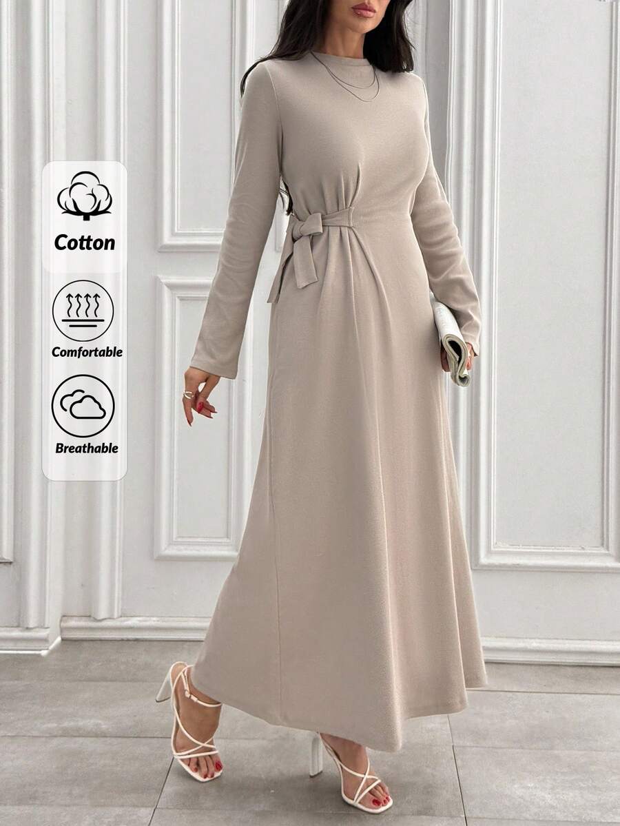 EURMUSE Rib Knit Crew Neck Long Sleeves Knot Detailed Dress Office Beige Autumn Modest Elegant - Grey - View 1