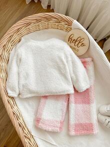 SHEIN 女婴可爱休闲毛绒蝴蝶结格子图案睡衣套装，秋冬 - 白色 - 查看 2