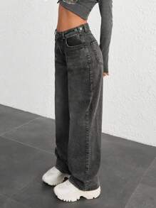 EURMUSE 100% COTTON HIGH WAIST BUTTON DETAILED WIDE LEG JEAN Low Rise Jeans Baggy - Black - View 7