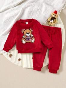SHEIN Cute Round Neck Plush Baby Boy Outfit Fall Winter - Rose Red - View 1