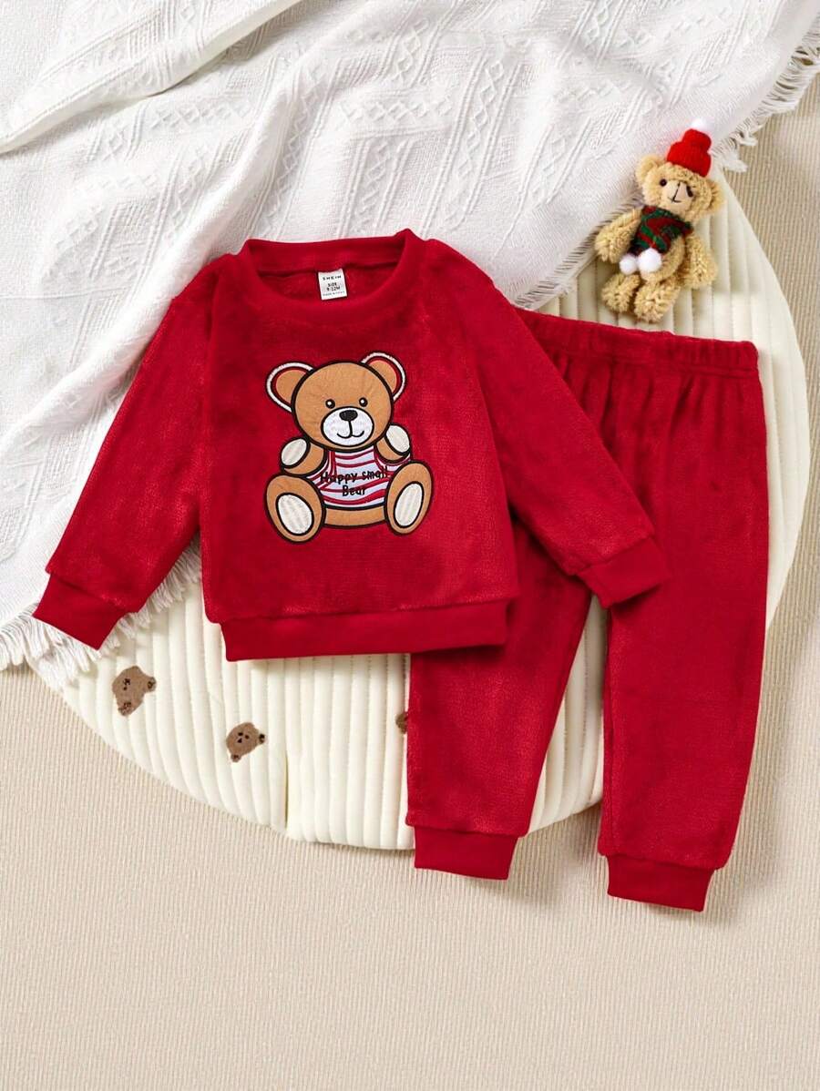SHEIN Cute Round Neck Plush Baby Boy Outfit Fall Winter - Rose Red - View 1