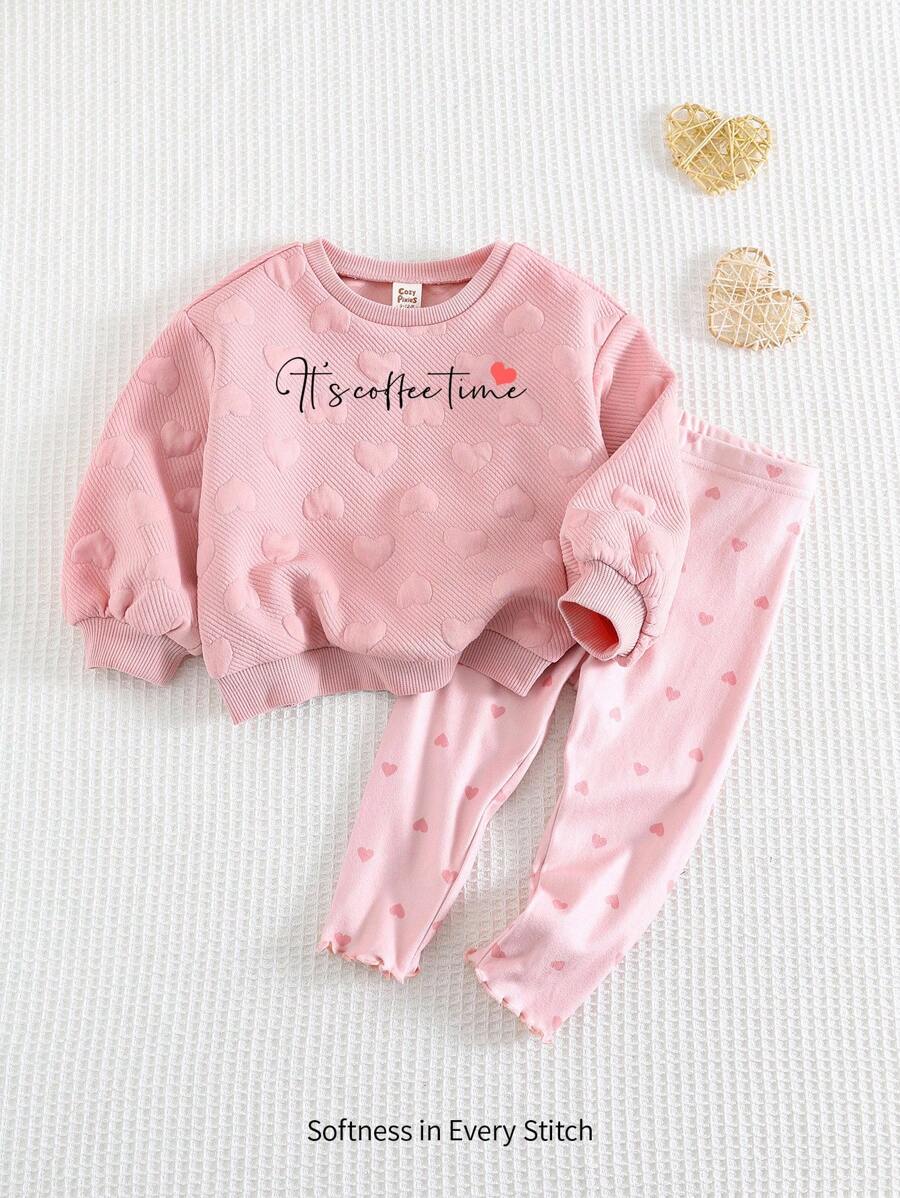 Cozy Pixies 2件套女婴心形图案针织柔软圆领长袖运动衫和裤子套装 - 彩色 - 查看 1