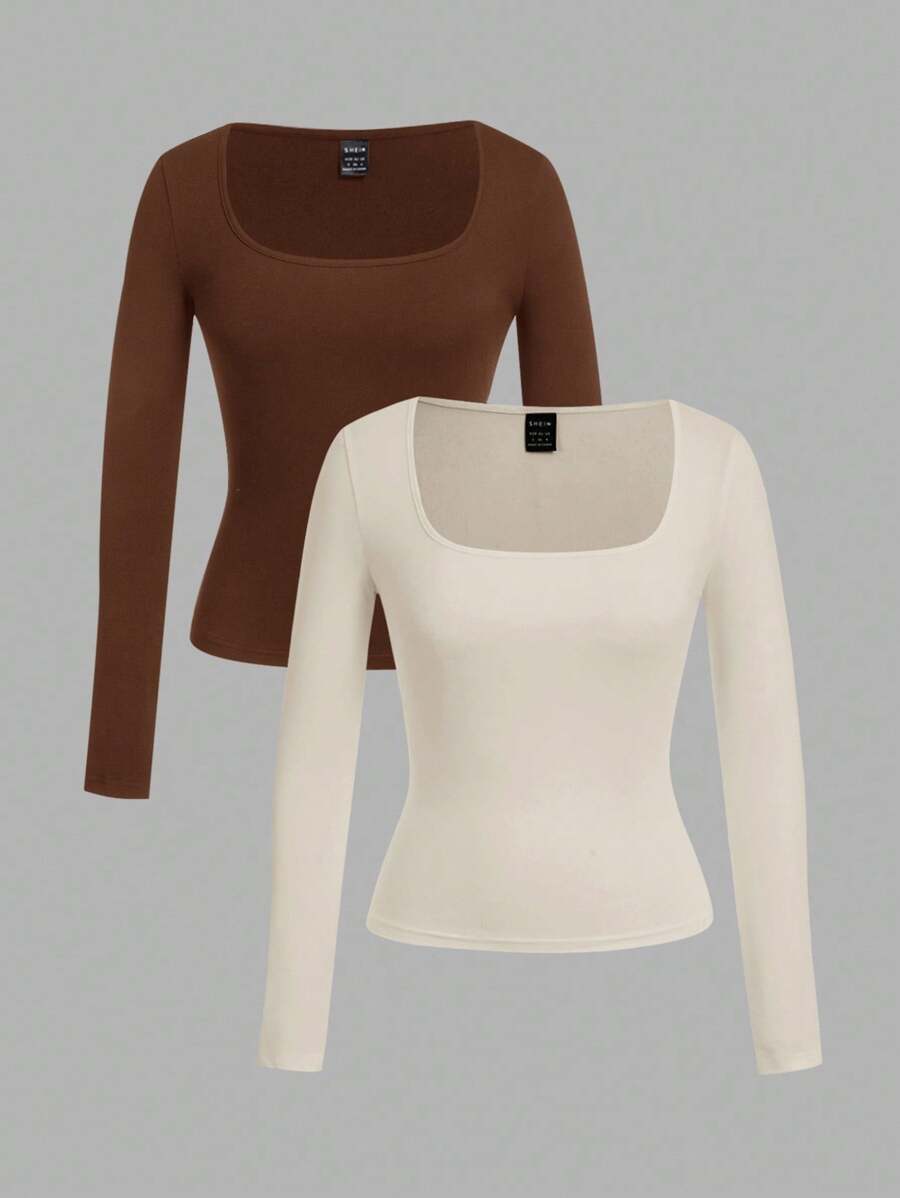 SHEIN EZwear 2 件女式方领修身长袖休闲 T 恤套装，棕色和浅杏色，适合秋冬季 - 彩色 - 查看 1