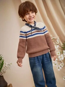 Loomiva Kleine Jungen Farbblock Rundhals Langarm Pullover, vielseitig & bequem - Aprikosenfarben - Übersicht 6