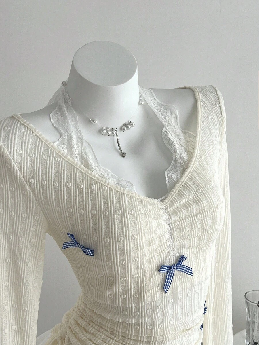 Elamini Bowknot Contrast Lace Halter Tie Ruched Waist Fitted Long Sleeve T-Shirt Fall Cloth For Women - Apricot - View 1