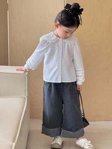 SHEIN Young Girl Lace Applique Ruffle Sleeves Ruffle Trim Lapel Shirt, Holiday, Fall And Winter Season, Travel, Back To School Season, School, Party - White - View 6