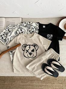SHEIN 6 Stücke Set mit süßem Cartoon-Bären-Print, Rundhalsausschnitt, kurzärmeligem T-Shirt und Shorts mit elastischer Taille für junge Kleine Jungen - Verschiedenfarbig - Übersicht 9