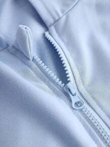 SHEIN Explorewe 3 件套 Tween 女童连帽拉链夹克、白色背心和美国徽章印花短裤休闲街头装 - 藍白色 - 查看 6