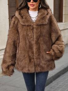 EMERY ROSE Women's Solid Color Long Sleeve Open Front Loose Faux Fur Jacket Winter Coats For Women Winter Clothes For Women Going Out,Fall