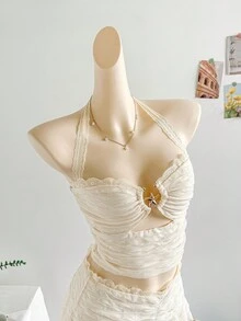 Soleia WYWH Women's Holiday Outfit, Cream White Textured Knit Fabric Lace Patchwork Halter Top & Tiered Lace Ruffle Mini Skirt Set, Suitable For Holiday, Date, Afternoon Tea, Beach Suit, Cruise, City Vacation, All Seasons, Music Festival, Boho Vacation, Can Be Worn Inside Or Outside Cream Two Piece Set Two Piece Skirt Set Summer Two Piece Set Summer Skirt Set - Beige - View 5