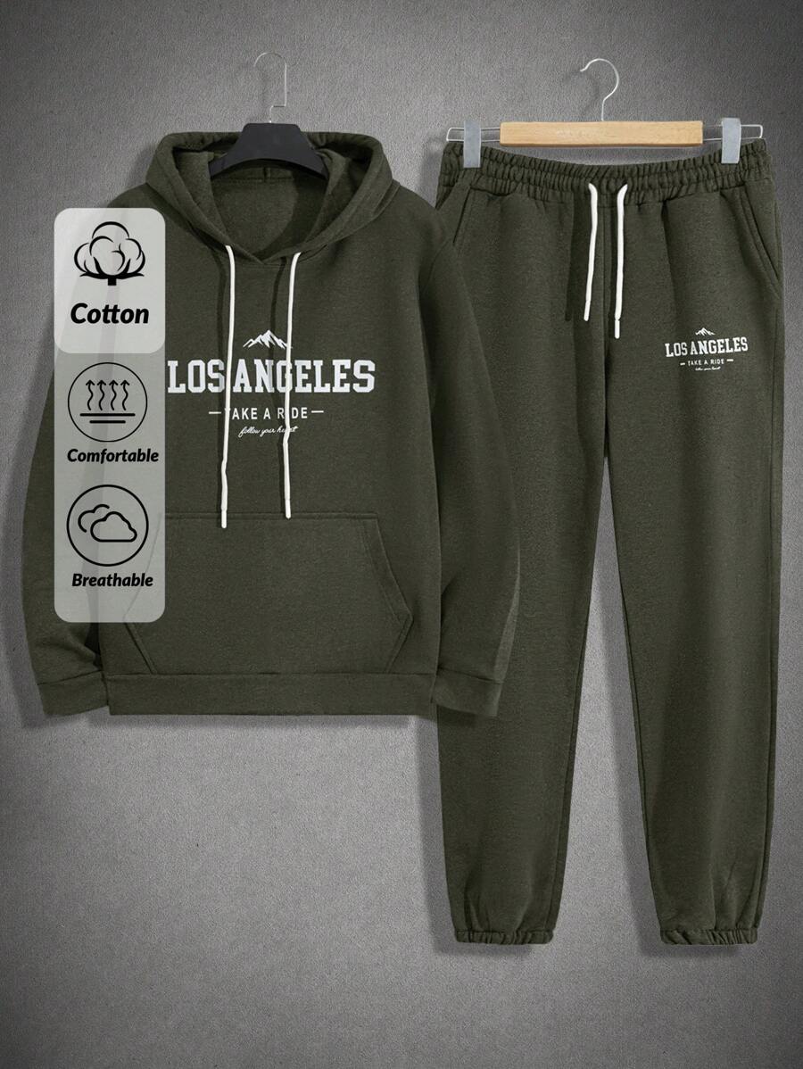 EURMUSE Cotton Men Letter Printed Regular Hoodie Set - Green - View 1