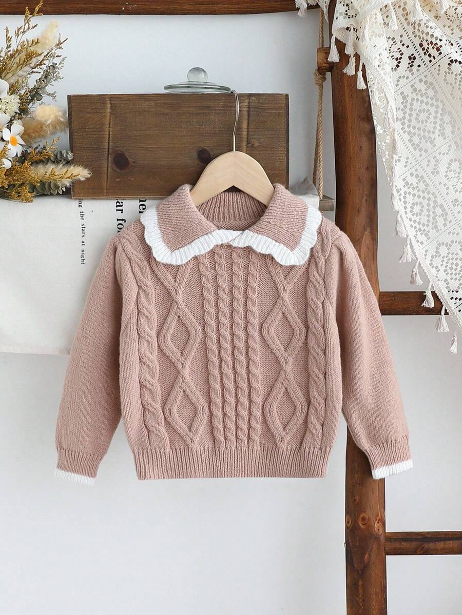 SHEIN 年轻女孩创意麻花针织荷叶边领可爱毛衣