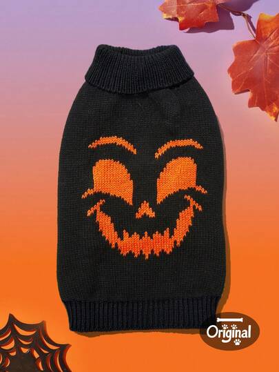  1pc Pet Cat Dog Universal Halloween Black Devil Expression Jacquard Knit Elastic Comfortable Warm Sweater, PETSIN Original Design