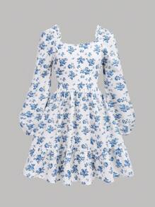 Girlism Tween-Mädchen Rückenfreies, rückenfreies, florales, quadratisches Halsausschnitt, langärmliges Lässig kleid, lässig - Blau-Weiß - Übersicht 5