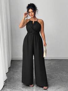Rometta Plus Size Women's Casual Pleated Fabric Spaghetti Strap Beaded Waist Button & Bowknot Design Black Jumpsuit, Suitable For Spring/Summer, Back To School, Graduation, Valentine's Day, Music Festival, Mother's Day, Halloween, Thanksgiving, Easter, National Day, Prom, Date Party, Wedding, Outdoor Trips