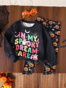 两件套少女休闲可爱复古豹纹南瓜图案圆领长袖卫衣和紧身裤套装，适合秋冬季。适合秋冬季，居家、户外运动、上学、日常休闲。和我妈妈的款式一样，也和我的姐姐、妹妹的款式一样。万圣节 - 黑色 - 查看 10