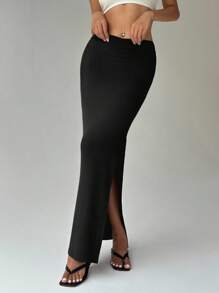 纯色重叠腰部开衩大腿女裙 - 黑色 - 查看 8