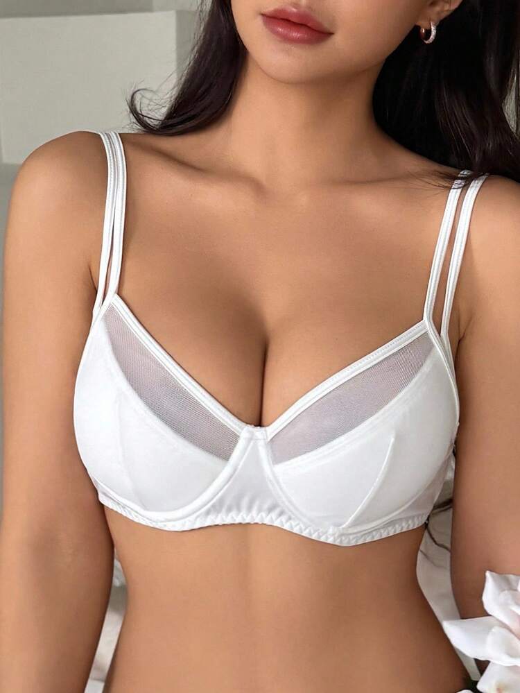 Solid Color Mesh Patchwork Adjustable Spaghetti Strap Lightly Gathered Women's Bra Underwear Lingerie For Women