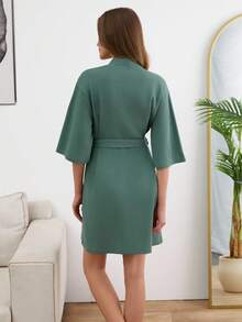 EURMUSE Women Waffle Fabric With Contrast Colour Love Embroidery Detail Homewear Robe - Mint Green - View 2