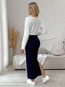 SHEIN Umstandsmode-Set mit V-Ausschnitt, langärmligem bedrucktem T-Shirt und langem Camisole-Kleid mit seitlichem Schlitz, 2 Stücke Set, Frühling/Herbst - marineblau - Übersicht 2