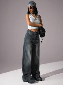 CasuGlow Jeans décontracté à jambe large avec lavage graphique et nœud pour femmes - Jean bleu - Voir 6