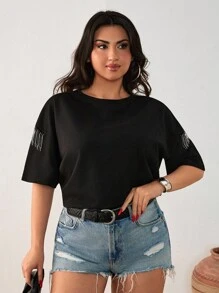 SHEIN Cottnline Cămașă supradimensionată cu detalii pe umeri cu strasuri pentru femei - Negru - Vizualizare 3