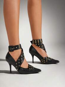 SHUZIA Women's Elegant Minimalist Point Toe Stiletto Heel Pumps With Buckle Eyelets Decors - Black - View 2