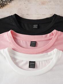 SHEIN EZwear Set de 3 camisetas de mujer de manga corta, cuello redondo, estilo casual y suelto con patrón simple, ligeramente transparentes, adecuadas para el verano y el regreso a la escuela