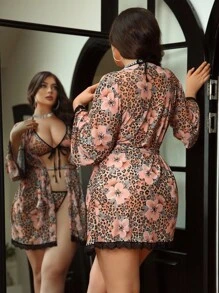 SHEIN Conjunto de lencería sexy de talla grande con estampado de leopardo (4 piezas) - Multicolor - Ver 1