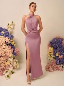SHEIN Belle Elegant Romantic Satin Halter Neck Sleeveless Ruched Twist Mermaid High Slit Backless Dress, Suitable For Weddings, Events, Dates, Bridesmaid - Dusty Pink - View 7