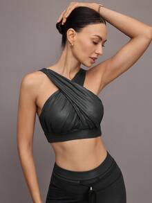 Activina 女士纯色褶皱交叉日常健身运动文胸 - 黑色 - 查看 4