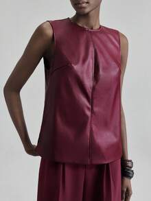 Ontre 都市时尚风格，极简舒适，酒红色，圆领，无袖，休闲装，宽松版型，女士商务休闲通勤上衣，2025 年新款 - 酒紅色 - 查看 6