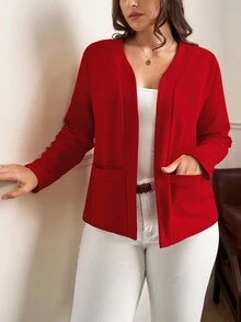 Chikora Áo khoác nữ cỡ lớn không cổ có túi, dáng rộng, thanh lịch, tối giản, đa năng, thoải mái, màu đỏ - Đỏ - Xem 6