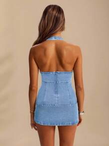 SHEIN BAE Top de mezclilla azul de tirantes casual de verano - Lavado ligero - Ver 2
