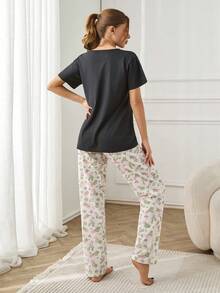 RueChic Women 3 Pcs Contrast Colour Cactus Pattern Homewear PJ Set - Black - View 2