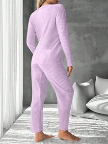 EURMUSE 100%Cotton Women's Text Print Ribbed Knit Lounge Wear Set - Purple - View 2