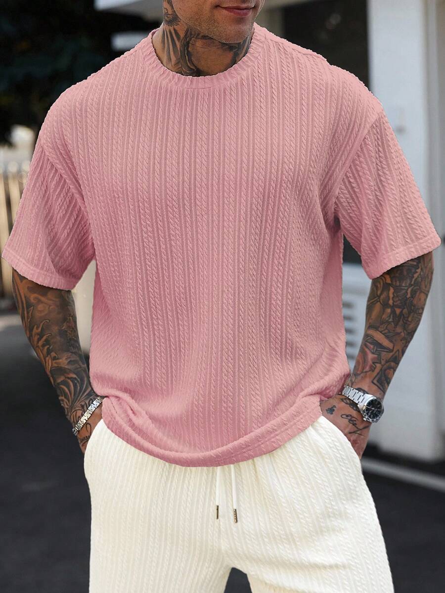 Manfinity RSRT Camiseta de punto jacquard de manga corta y cuello redondo color rosa para hombre