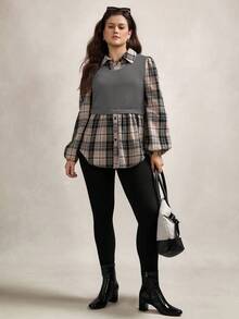 Zelara Plus Size Stand Collar Plaid Long Lantern Sleeve Knit Contrast Stitching Casual Casual Loose Blouse Shirts,Office Wear Women, Two Pieces In One With Button Decoration