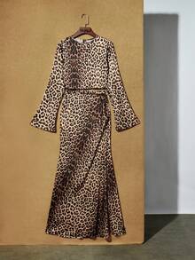 Maija 女式豹纹圆领喇叭袖镂空腰部修身长裙 - 棕色 - 查看 1