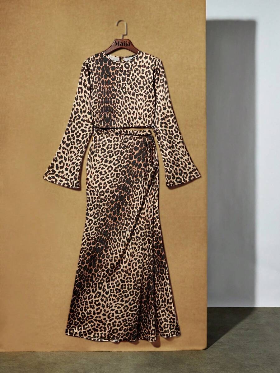 Maija 女式豹纹圆领喇叭袖镂空腰部修身长裙 - 棕色 - 查看 1