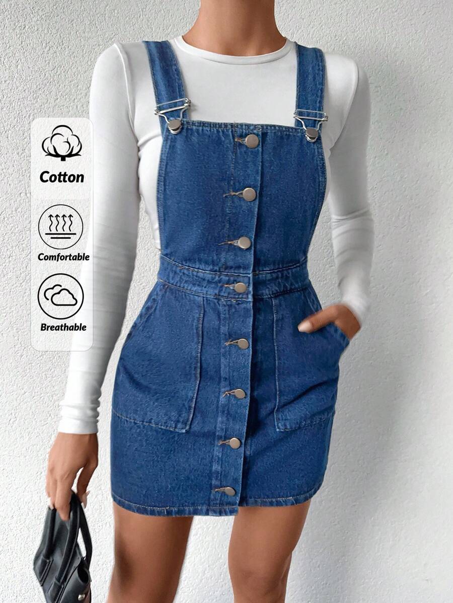 EURMUSE Slant Pocket Button Front Overall Denim Dress Without Tee - Dark Wash - View 1
