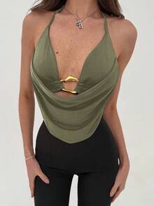 Aloruh Áo hai dây hở lưng cổ khoét sâu họa tiết kim loại trơn màu dành cho nữ - xanh quân đội - Xem 1