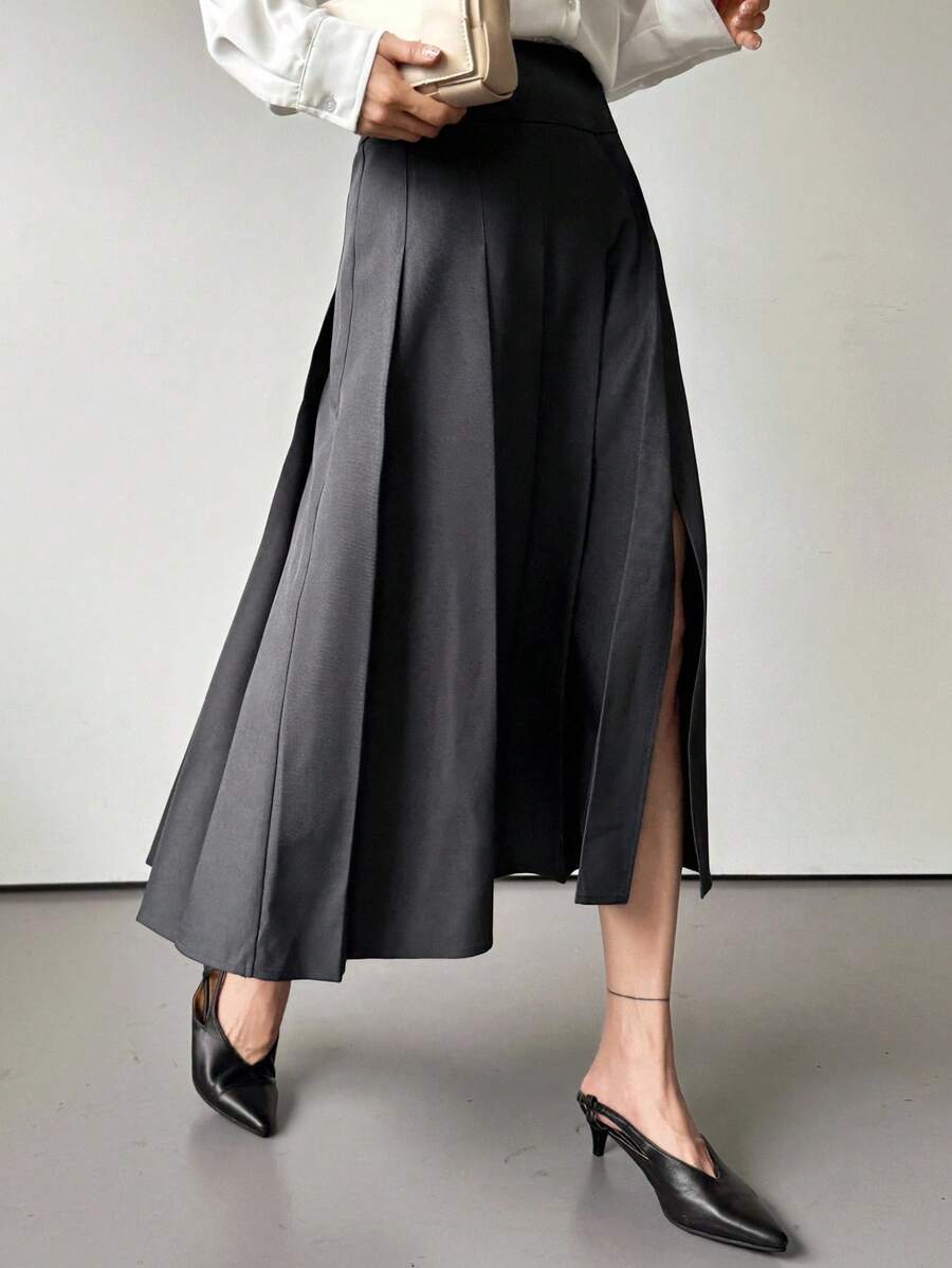 DAZY Falda plisada de línea A de unicolor con abertura, falda larga de estilo universitario retro casual, falda de cuero de otoño/invierno para mujer - Gris - Ver 1