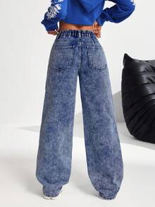 SHEIN PETITE 女式休闲破洞直筒牛仔裤，蓝色印花