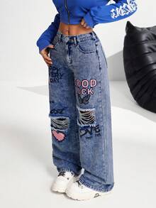 SHEIN PETITE 女式休闲破洞直筒牛仔裤，蓝色印花