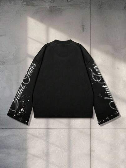 Grunge Punk Men's Rhinestone Embellished Eye Long Sleeve T-Shirt, Casual Street Punk Style, Spring/Autumn, Fall, 2000s Style