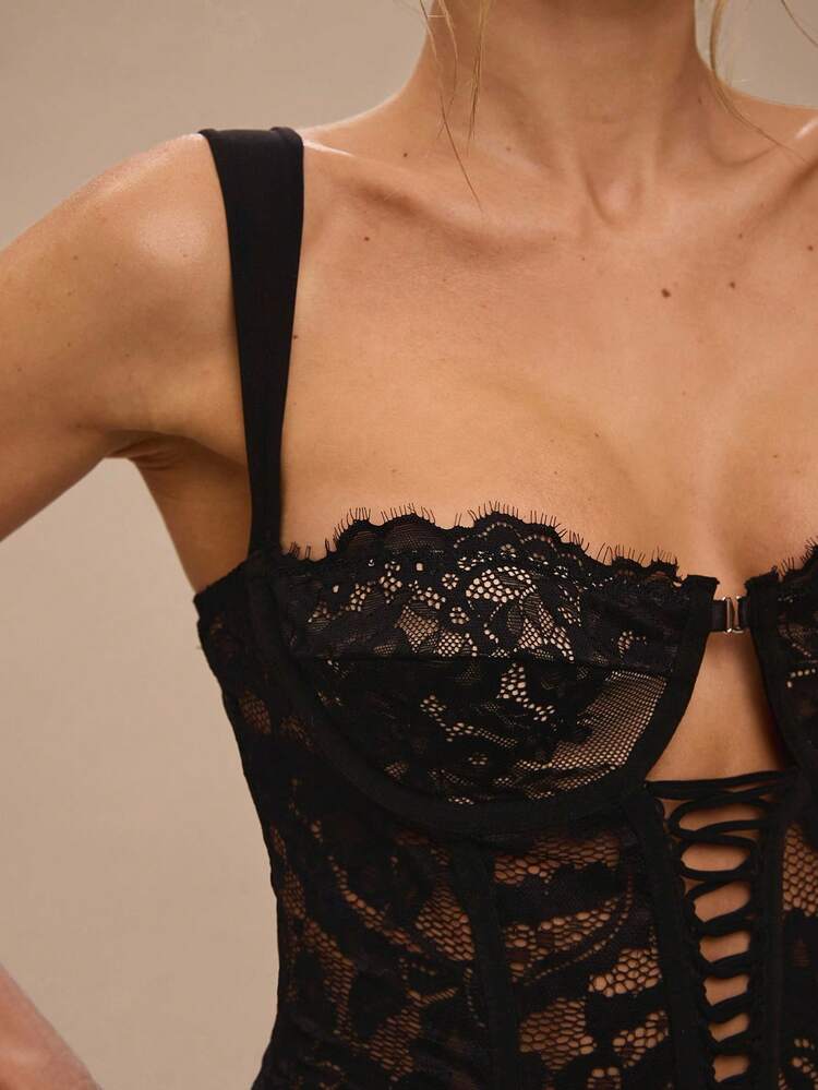 SHEIN BAE Women's Sexy & Elegant Lace Bodysuit, Delicate Lace Bodysuit - Black - View 7
