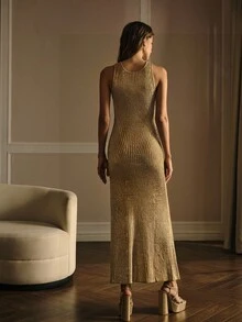 MOTF PREMIUM HALTER METALLIC FISH TAIL LONG KNIT DRESS - Silver - View 4