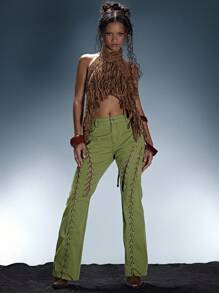 MUSERA Lace Up Detail Denim Jeans Summer Sexy Festival Holiday Ibiza Rave Boho Cut Out Vacation Escapade Y2k Fall Autumn Winter Nashville Chic Spring - Army Green - View 5